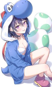 1girl adversarial_noise animal_hood between_legs bikini black_choker black_hair blue_hoodie breasts choker cleavage closed_mouth earrings hair_between_eyes hand_between_legs highres hood hoodie ichinose_uruha jewelry long_sleeves looking_at_viewer medium_hair partially_unzipped purple_eyes shoes sitting small_breasts smile solo string_bikini swimsuit thighs toki_(toki_ship8) tongue tongue_out virtual_youtuber vspo! white_bikini yoshi yoshi_egg