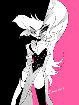 1boy angel_dust black_gloves breasts commentary crossdressing drag_queen dress elbow_gloves english_commentary gloves hazbin_hotel hellaverse highres large_breasts long_hair looking_at_viewer nashides2 pink_hair red_dress side_slit smile solo thighs