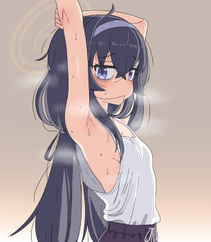 1girl absurdres armpit_focus armpits arms_up bags_under_eyes black_hair blue_archive camisole female_focus hairband halo highres leims_(urje8584) loli long_hair looking_at_viewer purple_eyes skirt smell solo steam steaming_body sweat sweatdrop twintails ui_(blue_archive) upper_body
