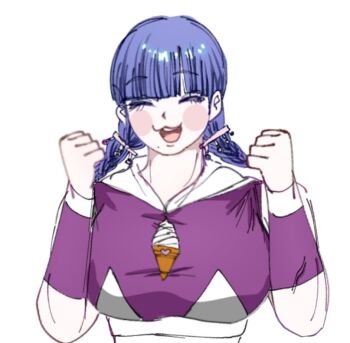 1girl blush braid closed_eyes female_focus food hands_up ice_cream ice_cream_cone mojiro_moko muscular muscular_female open_mouth purple_hair simple_background solo teeth the_hundred_line_-last_defense_academy- tongue twin_braids twintails upper_body upper_teeth_only white_background wrestler