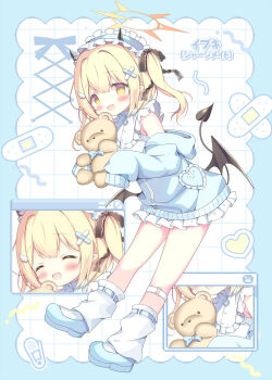 1girl :d ^_^ azumi_kazuki black_wings blonde_hair blue_archive blue_border blue_hairband blue_jacket blue_shoes blush border brown_eyes closed_eyes commentary_request demon_girl demon_horns demon_tail demon_wings fang frilled_hairband frilled_jacket frills grid_background hairband highres holding holding_stuffed_toy hood hood_down hooded_jacket horns ibuki_(blue_archive) jacket long_sleeves looking_at_viewer loose_socks multiple_views off_shoulder one_side_up open_mouth puffy_long_sleeves puffy_sleeves shirt shoes sleeveless sleeveless_shirt sleeves_past_fingers sleeves_past_wrists smile socks stuffed_animal stuffed_toy tail teddy_bear track_jacket translation_request white_background white_shirt white_socks window_(computing) wings