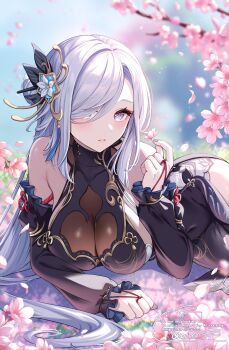1girl absurdres bare_shoulders black_dress black_sleeves blue_eyes blush breasts cherry_blossoms cleavage cokecoco commentary_request covered_collarbone covered_navel cowboy_shot detached_sleeves dress fingernails genshin_impact grass hair_over_one_eye highres large_breasts long_hair long_sleeves looking_at_viewer lying official_alternate_costume on_grass on_stomach outdoors parted_lips see-through_cleavage see-through_clothes shenhe_(frostflower_dew)_(genshin_impact) shenhe_(genshin_impact) signature solo very_long_hair watermark white_hair