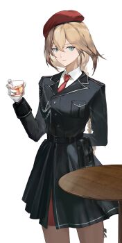1girl absurdres arm_behind_back belt beret black_belt black_coat blonde_hair blue_eyes braid braided_ponytail breasts centaureissi_(neural_cloud) coat collared_shirt cup g36_(girls&#039;_frontline) girls&#039;_frontline girls&#039;_frontline_neural_cloud gloves hair_between_eyes hand_up hat highres holding holding_cup light_smile long_hair looking_at_viewer medium_breasts necktie red_necktie shenme_niao_mingzi shirt simple_background solo standing very_long_hair white_background white_gloves white_shirt