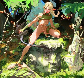 Rule 34 | 1girl, belt, blonde hair, bow, braid, breasts, colored skin, contrapposto, detached sleeves, elf, exogeon, forest, green eyes, highres, looking to the side, nature, nipples, nude, original, parted bangs, pointy ears, puffy lips, pussy, red lips, stirrup footwear, thigh belt, thigh strap, white skin