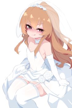 1girl aisaka_taiga bad_tag blush bridal_veil bride brown_hair child_bride child_wedding dress female_focus flat_chest highres kukuchi581 kyojiri_loli loli long_hair looking_at_viewer simple_background sitting smile solo sweat thighhighs toradora! veil wedding_dress white_background white_thighhighs