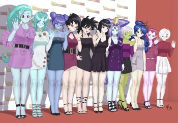 6+girls absurdres alternate_costume belt black_eyes black_hair blue_eyes blue_hair blue_skin blunt_bangs bob_cut breasts cheelai cleavage cocotte cocotte_(dragon_ball) colored_skin commentary curly_hair double_bun dragon_ball dragon_ball_(classic) dragon_ball_gt dragon_ball_heroes dragon_ball_super dragon_ball_super_broly dragonball_z dress earrings english_commentary facial_mark fluffy_hair formal_clothes gine gold_choker gold_earrings green_eyes green_skin hair_bun hand_on_own_hip headdress high_heels highres hoop_earrings jewelry kamin_(dragon_ball) lagss lipstick long_hair low_twintails lunch_(dragon_ball) lunch_(good)_(dragon_ball) mai_(dragon_ball) mai_(future)_(dragon_ball) makeup multiple_girls necklace oceanus_shenron off_shoulder open_mouth photo_shoot pink_eyes pink_hair pixie_cut pointy_ears purple_eyes purple_hair putine_(dragon_ball) red_carpet red_eyes red_ribbon ribbon seripa short_hair signature skirt smile smirk somegfguy spiked_hair strapless strapless_dress sweater twintails very_long_hair vidro_(dragon_ball) waving white_hair white_skin widow&#039;s_peak yellow_eyes