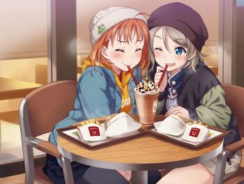 2girls absurdres blue_eyes blush burger chair closed_eyes commentary drinking drinking_straw english_commentary fast_food food french_fries grey_hair highres inou_shin jacket love_live! love_live!_sunshine!! multiple_girls non-web_source official_art one_eye_closed orange_hair resized restaurant short_hair sitting table takami_chika third-party_edit upscaled watanabe_you