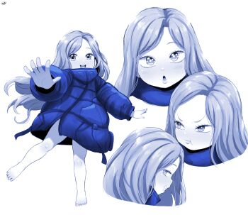 1girl android angry barefoot blush born-to-die capcom coat diana_(pragmata) grin long_hair long_sleeves looking_at_viewer looking_to_the_side monochrome multiple_views open_mouth oversized_clothes oversized_coat pout pragmata robot smile standing standing_on_one_leg teeth white_background
