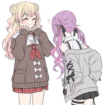 2girls bibi_(tokoyami_towa) black_bow black_skirt black_tail blonde_hair blush bow brown_cardigan cardigan closed_eyes closed_mouth collar collared_shirt commentary_request crossed_bangs double_bun facing_another flying_sweatdrops frilled_collar frilled_shirt frills gradient_hair grey_cardigan hair_bow hair_bun half-skirt hands_on_own_hips hands_up hololive jirai_kei leaning_forward long_hair momosuzu_nene momosuzu_nene_(casual) multicolored_hair multiple_girls off_shoulder official_alternate_costume pink_hair plaid_clothes plaid_skirt pleated_skirt purple_hair rainna red_skirt sailor_collar shirt simple_background skirt smile standing thigh_strap tokoyami_towa tokoyami_towa_(jirai_kei) twintails two_side_up virtual_youtuber white_background white_sailor_collar