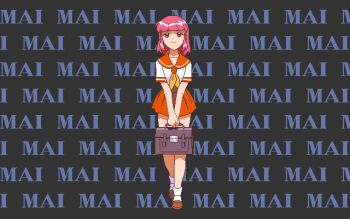 1990s_(style) 1girl 2_shot_diary_2 animated animated_gif bag blunt_bangs bobby_socks bowing brown_shoes character_name facing_viewer female_focus full_body game_cg loafers looking_at_viewer mai_(2_shot_diary_2) may-be_soft microskirt pc98 pink_hair pleated_skirt retro_artstyle school_bag school_uniform serafuku shirt shoes short_sleeves skirt socks solo tagme text_background v_arms waling white_shirt wind