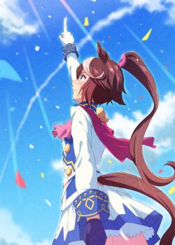 1girl animal_ears arm_up ascot asymmetrical_gloves blue_eyes blue_sky blush bow brown_hair closed_mouth cloud commentary confetti ear_ornament epaulettes gloves hair_between_eyes high_ponytail highres horse_ears horse_girl horse_tail jacket long_hair long_sleeves masaki_(masaki_470) mismatched_gloves multicolored_hair multicolored_jacket pink_ascot pointing pointing_up ponytail shirt single_epaulette skirt sky smile solo streaked_hair symbol-only_commentary tail tokai_teio_(peak_joy)_(umamusume) tokai_teio_(umamusume) two-tone_hair two-tone_jacket two-tone_skirt umamusume white_gloves white_hair white_jacket white_skirt