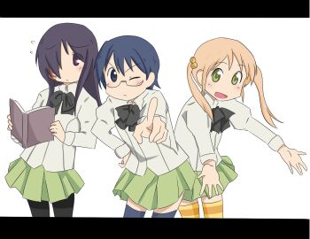 Rule 34 | 3girls, anime coloring, arawi keiichi (style), black bow, black bowtie, black eyes, black pantyhose, blonde hair, blue hair, blue thighhighs, blush stickers, book, bow, bowtie, burn scar, contrapposto, cowboy shot, flying sweatdrops, glasses, green eyes, green skirt, hair between eyes, hair over one eye, hair tie, hakamichi shizune, hand on own hip, holding, holding book, hyadain no kakakata kataomoi - c, ibarazaki emi, ikezawa hanako, katawa shoujo, letterboxed, long hair, long sleeves, looking at viewer, multiple girls, nichijou, one eye closed, pantyhose, parody, pleated skirt, pointing, pointing at viewer, purple eyes, roos-vicee, scar, school uniform, shirt, short hair, simple background, skirt, striped clothes, striped thighhighs, thighhighs, third-party source, white background, white shirt, yamaku high school uniform, yellow thighhighs, zettai ryouiki