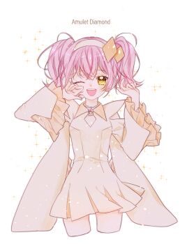 Rule 34 | 1girl, amulet dia, character name, dress, hinamori amu, long sleeves, looking at viewer, off-shoulder dress, off shoulder, one eye closed, open mouth, orange eyes, pink hair, short twintails, shugo chara!, smile, solo, tische, twintails, white background, white dress