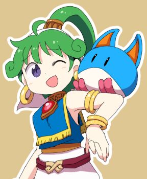 1girl arabian_clothes armlet asha_(monster_world) belt black_eyes blue_eyes blue_shirt bracelet brown_background commentary creature creature_on_arm curly_hair dokan_(dkn) earrings gem gold_armlet gold_bracelet gold_earrings green_hair high_ponytail hoop_earrings jewelry looking_at_creature monster_world monster_world_iv one_eye_closed open_mouth outline pants pepelogoo ponytail red_belt red_gemstone shirt simple_background sleeveless sleeveless_shirt smile upper_body white_outline white_pants