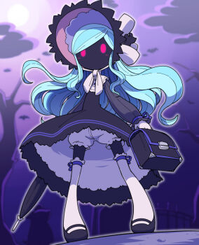 Rule 34 | 1girl, bemani, black bonnet, black dress, black shoes, black skin, black umbrella, bloomers, blue hair, blush stickers, bonnet, cloud, colored skin, commentary request, dress, full body, gloves, holding, liddell (pop'n music), long hair, long sleeves, mary janes, nollety, outdoors, pop'n music, purple sky, red eyes, shoes, sky, solid oval eyes, solo, thighhighs, tree, umbrella, underwear, upskirt, white gloves, white thighhighs