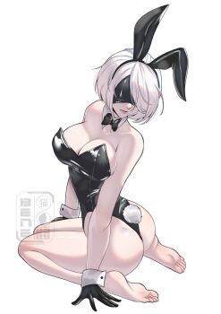 1girl 2b_(nier:automata) animal_ears bare_legs bare_shoulders barefoot beneceadraws black_bow black_bowtie black_gloves black_leotard blindfold bob_cut bow bowtie breasts covered_eyes curvy detached_collar fake_tail feet full_body gloves hair_over_one_eye highleg highleg_leotard large_breasts legs leotard mole mole_under_mouth nier:automata nier_(series) playboy_bunny rabbit_ears rabbit_tail shiny_skin short_hair simple_background sitting soles solo strapless strapless_leotard swept_bangs tail thong_leotard toes wariza watermark white_background white_hair wide_hips wrist_cuffs