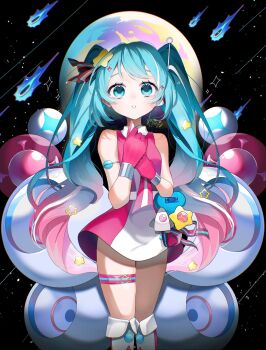 1girl absurdres akita_aaa aqua_ribbon belt boots collared_dress commentary_request dress gloves gradient_hair hair_ornament hands_on_own_chest hatsune_miku heart_ornament highres knee_boots long_hair looking_at_viewer magical_mirai_(vocaloid) magical_mirai_miku magical_mirai_miku_(2021) multicolored_hair necktie official_alternate_costume official_alternate_hairstyle parted_lips pink_dress pink_gloves pink_hair pink_necktie pink_ribbon radio_antenna ribbon rocket_ship shirt sleeveless sleeveless_shirt solo spacecraft star_(symbol) star_hair_ornament streaked_hair tears thigh_strap twintails two-tone_dress two-tone_necktie two-tone_ribbon very_long_hair vocaloid white_belt white_boots white_dress white_hair white_necktie