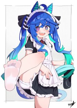Rule 34 | 1girl, :d, @ @, absurdres, alternate costume, animal ears, apron, black nails, bloomers, blue eyes, blue hair, boppin, border, enmaided, fingernails, grey background, heterochromia, highres, horse ears, horse girl, horse tail, looking at viewer, maid, maid apron, nail polish, no shoes, open mouth, pink eyes, polka dot, polka dot background, signature, smile, socks, soles, solo, standing, standing on one leg, tail, toes, twin turbo (umamusume), twintails, umamusume, underwear, white bloomers, white border, white socks