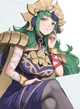 1girl arm_wrap black_pantyhose blush breasts cape closed_mouth crossed_legs dress fire_emblem fire_emblem:_fortune's_weave gonzarez green_eyes green_hair hair_ornament headpiece highres large_breasts long_hair looking_at_viewer nintendo pantyhose purple_dress ribbon simple_background sitting solo sothis_(adult)_(fire_emblem) sothis_(fire_emblem) tassel tassel_hair_ornament tiara