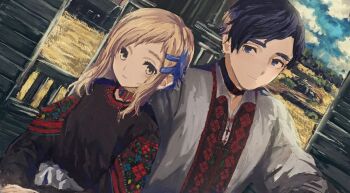 Rule 34 | 1boy, 1girl, black hair, blonde hair, blue eyes, blue sky, choker, embroidery, field, hair ornament, kikurina, looking at viewer, original, outdoors, second-party source, sitting, sky, ukraine, ukrainian clothes, vyshyvanka, wheat field, yellow eyes