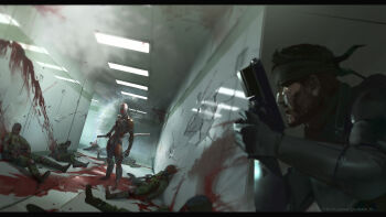 6+boys absurdres balaclava bandana belt blood bodysuit boots commentary concept_art corpse cyborg_ninja cyclops death english_commentary faceplate fake_screenshot gameplay_mechanics gloves gray_fox_(metal_gear) gun hallway handgun helmet hiding highres ignacio_bazan_lazcano katana lights metal_gear_(series) metal_gear_solid metal_gear_solid_(film) multiple_boys neisbeis ninja official_art one-eyed realistic reveal science_fiction soldier solid_snake spoilers sword terrorist weapon