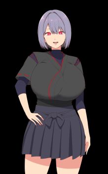 1girl absurdres alternate_eye_color alternate_hair_color black_background breasts bright_pupils commentary_request grey_skirt hand_on_own_hip highres huge_breasts hyuuga_(kancolle) kantai_collection kloah open_mouth pink_eyes purple_hair shadow short_hair skirt solo stitches teeth translation_request upper_teeth_only white_pupils