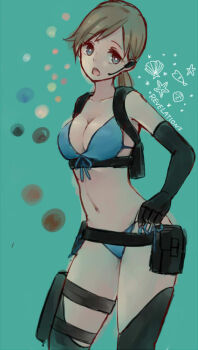Rule 34 | 1girl, bikini, black gloves, blue background, blue bikini, blue eyes, breasts, cleavage, daisy mk 589, elbow gloves, gloves, jill valentine, low ponytail, open mouth, ponytail, resident evil, resident evil: revelations, simple background, sketch, swimsuit, thigh strap