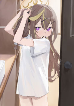 1girl absurdres blue_archive blush brown_hair brown_halo commentary hair_between_eyes hair_tie_in_mouth halo highres lizard0221 long_hair mouth_hold no_pants one_side_up purple_eyes rena_(blue_archive) shirt short_sleeves sidelocks solo t-shirt tying_hair white_shirt