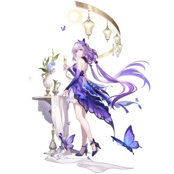 1girl backless_dress backless_outfit bare_back bare_legs bare_shoulders bug butterfly butterfly_hair_ornament castorice_(gossamer_flutter)_(honkai:_star_rail) castorice_(honkai:_star_rail) champagne_flute commentary cup detached_sleeves dress drinking_glass english_commentary full_body hair_ornament highres holding holding_cup honkai:_star_rail honkai_(series) insect long_hair looking_at_viewer low_twintails official_alternate_costume official_art purple_butterfly purple_dress purple_eyes purple_hair solo standing transparent_background twintails very_long_hair