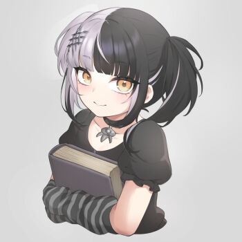 1girl a9_(repainter) aged_down arm_warmers black_arm_warmers black_choker black_hair black_shirt blunt_bangs book choker closed_mouth commentary cropped_torso fang grey_background grey_hair hair_ornament highres holding holding_book hololive hololive_english hugging_book hugging_object looking_at_viewer multicolored_hair pendant_choker puffy_short_sleeves puffy_sleeves shiori_novella shirt short_sleeves simple_background skin_fang smile solo split-color_hair striped_arm_warmers twintails two-tone_hair untranslatable_commentary virtual_youtuber yellow_eyes