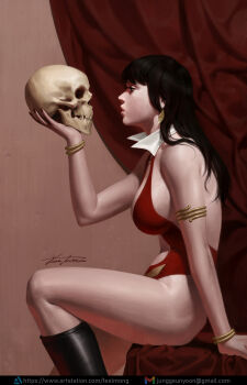 1girl artstation_logo artstation_username black_boots black_hair boots bracelet breasts collar earrings from_side gmail grey_eyes highres holding holding_skull jewelry large_breasts long_hair looking_at_object one-piece_swimsuit curtains red_one-piece_swimsuit signature sitting skull solo swimsuit vampirella vampirella_(character) watermark web_address white_collar yoon_junggeun