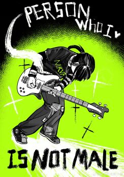 1girl absurdres baggy_pants band_shirt bass_guitar belt chain chinese_commentary clothes_writing commentary_request derivative_work dutch_angle english_text green_background greyscale_with_colored_background highres instrument jewelry kininatteru_hito_ga_otoko_ja_nakatta koga_mitsuki layered_sleeves leaning_forward long_sleeves merchandise movie_poster_(medium) music nail_polish necklace nirvana_(band) pants parody patchwork_clothes playing_bass_guitar playing_instrument plectrum ponytail poster_(medium) poster_parody print_shirt rickenbacker_4001 scott_pilgrim_(series) scott_pilgrim_vs_the_world_(movie) shehuiha_shibai_xiaogou shirt shoes sneakers solo spot_color striped_clothes striped_shirt t-shirt torn_clothes torn_pants watermark weibo_username weibo_watermark