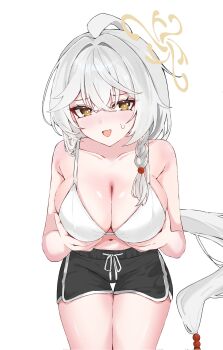 1girl ahoge alternate_costume aramonn_chan019 bare_arms bare_shoulders black_shorts blue_archive blush bra breasts bright_pupils cleavage collarbone commentary cowboy_shot crossed_bangs dolphin_shorts eri_(blue_archive) eyes_visible_through_hair grabbing_own_breast hair_between_eyes hair_bobbles hair_intakes hair_ornament halo highres large_breasts long_hair looking_at_viewer navel open_mouth ponytail presenting_breasts shorts simple_background sitting solo sweatdrop thigh_gap thighs tilted_halo tsurime underwear very_long_hair white_background white_bra white_hair white_pupils yellow_eyes yellow_halo