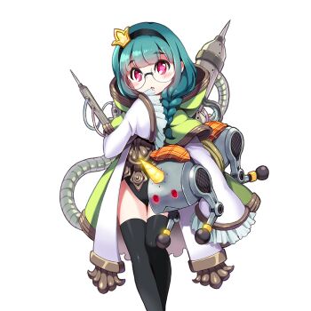 1girl black_hairband black_leotard black_thighhighs braid chiron_(uchihime) coat commentary_request glasses green_hair hair_ornament hairband leotard long_hair machine red_eyes thighhighs uchi_no_hime-sama_ga_ichiban_kawaii white_coat wide_sleeves