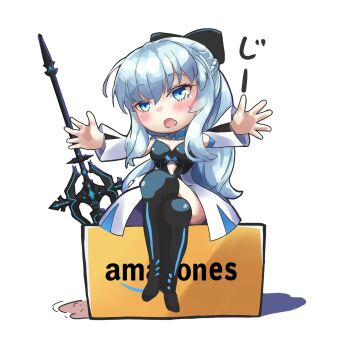 1girl amazon_(company) black_bow blue_choker blue_eyes bow box braid breasts cardboard_box center_opening chibi choker cleavage dress fate/grand_order fate_(series) hair_bow highres large_breasts long_hair long_sleeves looking_at_viewer morgan_le_fay_(fate) morgan_le_fay_(first_ascension)_(fate) on_box outstretched_arms ponytail sidelocks sitting sitting_on_box solo thighhighs tutuuraura88 very_long_hair weapon white_background white_dress white_hair