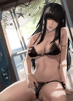 1girl alternate_costume armlet bare_shoulders beach bikini black_bikini black_eyes black_hair blunt_bangs breasts cleavage collarbone female_focus female_masturbation fire_emblem fire_emblem_awakening highres j@ck jewelry large_breasts long_hair looking_at_viewer masturbation masturbation_through_clothes matching_hair/eyes midriff navel nintendo o-ring o-ring_bikini o-ring_top one_eye_closed parted_lips side-tie_bikini_bottom sidelocks sitting solo steam swimsuit tharja_(fire_emblem) two_side_up underboob