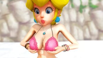 1girl 3d alternate_costume animated bikini blonde_hair blue_eyes bouncing_breasts breasts cleavage close-up grabbing_own_breast jiggle large_breasts long_hair looking_at_viewer mario_(series) nintendo pink_bikini pink_lips ponytail princess princess_peach shoes sideboob smile solo swimsuit tagme video virtuablueam2