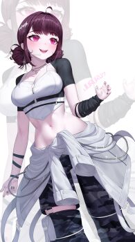 1girl absurdres ahoge arm_warmers artist_name black_nails black_pants blush breasts brown_hair camouflage camouflage_pants chain choker cleavage clothes_around_waist crop_top cropped_shirt double_bun hair_bun hair_ornament highres jacket jacket_around_waist jewelry jururu korean_commentary large_breasts looking_to_the_side making-of_available medium_breasts midriff navel necklace open_mouth pants pink_eyes purple_eyes purple_hair shirt short_sleeves simple_background smile solo stomach teeth thigh_strap virtual_youtuber waktaverse white_background white_shirt yeon_do_e