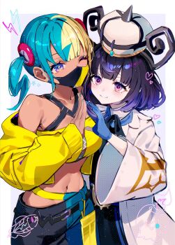 2girls aqua_hair black_dress black_hair black_pants blonde_hair blue_gloves blue_nails blue_pants blunt_bangs bob_cut canari_(pokemon) closed_mouth coat crop_top cropped_jacket dark-skinned_female dark_skin dress gen_5_pokemon gloves gradient_hair gwynn_(pokemon) hat heart heart-shaped_pupils highres jacket lightning_bolt_symbol litwick long_sleeves looking_at_another mask mouth_mask multicolored_hair multicolored_nails multiple_girls navel nintendo one_eye_closed open_clothes open_coat open_jacket pants partially_fingerless_gloves pokemon pokemon_legends:_z-a purple_eyes purple_hair short_hair smile split-color_hair star_(symbol) symbol-shaped_pupils tawan_(46okuneeen) two-tone_hair two-tone_hat two-tone_nails tynamo white_coat wide_sleeves yellow_jacket yellow_nails yuri