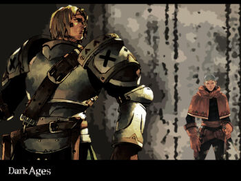 2boys armor belt boots breastplate capelet copyright_name copyright_request dark_ages_(mmorpg) gloves greatsword grey_hair holding holding_knife knife knight leather leather_gloves looking_at_viewer looking_to_the_side multiple_boys official_art official_wallpaper orange_capelet short_hair shoulder_armor sword turtleneck weapon