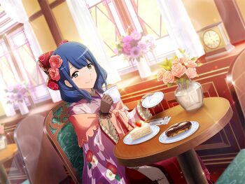 Rule 34 | 1girl, blue hair, bow, brown eyes, brown gloves, chair, closed mouth, cup, floral print, flower, food, fork, game cg, gloves, hair bow, hair flower, hair ornament, hanayagi kaoruko, holding, holding cup, holding saucer, japanese clothes, kimono, long sleeves, looking at viewer, official art, on chair, pink kimono, red bow, red shawl, sandwich, saucer, shawl, shoujo kageki revue starlight, shoujo kageki revue starlight -re live-, sitting, smile, solo, spoon, table, vase, wide sleeves