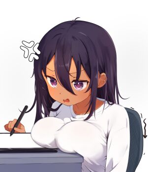 1girl absurdres anger_vein arrow_(symbol) artist_self-insert black_hair breast_press breasts chair commentary dark-skinned_female dark_skin drawing_tablet fangs highres holding holding_stylus inconvenient_breasts large_breasts long_hair ogaoekaki oppai_loli original pink_eyes solo stylus swivel_chair white_background
