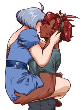 2girls ahoge artist_name blue_dress brown_shoes closed_eyes dark-skinned_female dark_skin dress green_shirt grey_pants gundam gundam_suisei_no_majo hairband hand_on_another&#039;s_head held_up highres kiss leg_lock medium_hair miorine_rembran multiple_girls muscular muscular_arms muscular_female pants red_hair shirt shoes suletta_mercury superkiak t-shirt tearing_up thick_eyebrows transparent_background white_hair yuri