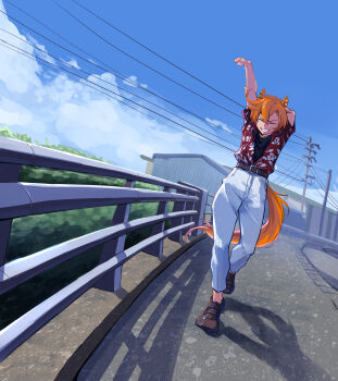 1girl absurdres alternate_costume androgynous animal_ears arm_behind_head arms_up belt black_shirt blue_sky brown_belt brown_shoes closed_eyes commentary_request day dogeyama_um dutch_angle earclip facing_viewer fisheye floral_print full_body grin hair_between_eyes hand_on_own_arm highres horse_ears horse_girl horse_tail orange_hair orange_tail outdoors outstretched_arm pants print_shirt railing scenery shirt shirt_tucked_in shirt_under_shirt shoes short_hair short_sleeves sky slice_of_life smile solo stretching t.m._opera_o_(umamusume) tail umamusume v-shaped_eyebrows walking white_pants