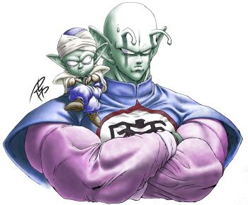Rule 34 | 2boys, aged down, alien, antennae, armor, artist name, bald, biceps, brown shoes, cape, carrying, chinese clothes, closed mouth, colored skin, commentary request, cropped shoulders, crossed arms, crossed legs, dragon ball, dragon ball (classic), exposed muscle, green skin, highres, layered sleeves, long sleeves, looking at another, multiple boys, nagare seiya, namekian, pants, partial commentary, piccolo, pink shirt, pointy ears, purple pants, serious, shirt, shoes, short over long sleeves, short sleeves, shoulder armor, shoulder carry, signature, simple background, sitting, sweatdrop, turban, undershirt, white background, white cape
