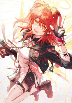 1girl absurdres angel_wings arknights black_jacket black_shoes black_shorts breasts detached_wings energy_wings exusiai_(arknights) exusiai_the_new_covenant_(arknights) fingerless_gloves gloves gun halo highres jacket knees_up kriss_vector long_shirt long_sleeves looking_at_viewer medium_breasts open_mouth orange_eyes red_hair shirt sho_(sumika) shoes short_hair shorts side_ponytail simple_background smile sneakers solo submachine_gun swept_bangs thigh_strap thighhighs three-finger_salute weapon white_background white_halo white_shirt white_thighhighs wings