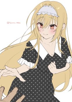 1girl 1other absurdres black_dress black_pajamas blonde_hair blush breasts brown_eyes cleavage clenched_hand closed_mouth collarbone commentary covered_erect_nipples cowboy_shot dracu-riot! dress dutch_angle eyes_visible_through_hair floating_hair frilled_hairband frilled_sleeves frills hair_between_eyes hair_down hairband highres large_breasts lolita_hairband long_hair looking_at_another nicola_cepheus pajamas polka_dot polka_dot_dress reaching short_sleeves sidelocks simple_background smile solo_focus twitter_username tyama_taka very_long_hair white_background white_hairband