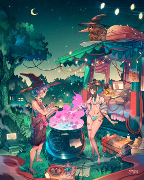 1boy 1girl animal artist_name awning bag bandaged_arm bandaged_leg bandages bandaid bandaid_on_arm bandaid_on_face bandaid_on_leg bandaid_on_nose bandaid_on_stomach bare_shoulders barefoot bikini bird black_hat black_shorts book book_stack bowl breasts brown_hair bubble cable camper_trailer candle card_in_hat cattail cauldron cellphone clothed_animal colored_smoke commentary computer crescent_moon dated foliage grass hair_bun hair_ribbon hat hat_ribbon highres holding holding_book holding_stick jacket kiwi_(bird) laptop looking_to_the_side mattress medium_hair moon mortar_(bowl) multicolored_bikini multicolored_jacket mushroom nature navel night off_shoulder open_book open_clothes open_jacket original outdoors parchment pentagram pestle phone pillow pink_shirt plant potion profile purple_hair purple_ribbon radio reading recreational_vehicle ribbon runes satchel shirt short_hair shorts sidelocks simz sky sleeveless sleeveless_shirt small_breasts smartphone smoke sparkle standing star_(sky) starry_sky stick stirring stirring_rod string_of_light_bulbs suitcase swimsuit tablet_pc trailer tree witch_hat yellow_ribbon