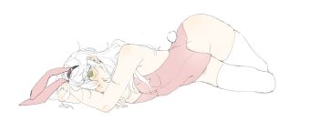 1girl animal_ear_hairband animal_ears bare_shoulders blush breasts covered_navel cowboy_shot fake_animal_ears green_eyes hair_between_eyes hairband highres leotard long_hair looking_at_viewer lying on_side one_eye_closed original pink_hairband pink_leotard rabbit_ear_hairband rabbit_ears rabbit_tail simple_background small_breasts solo tail thighhighs unholymilk white_background white_hair white_tail white_thighhighs