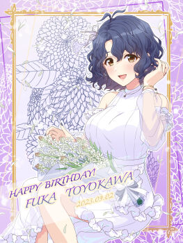 1girl :d absurdres bare_shoulders blue_hair blush bouquet bracelet breasts brown_eyes character_name dark_blue_hair dress earrings feet_out_of_frame flower framed frills hand_in_own_hair happy_birthday highres idolmaster idolmaster_million_live! idolmaster_million_live!_theater_days jewelry large_breasts long_sleeves looking_at_viewer nail_polish necklace open_mouth see-through_clothes see-through_sleeves shiro_(ongrokm) short_hair sitting smile solo tongue toyokawa_fuka wavy_hair white_dress